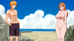 Rule 34 | 1girl, arms behind back, beach, black eyes, bleach, blush, breasts, clothed male nude female, cloud, day, embarrassed, feet out of frame, groin, highres, huge breasts, inoue orihime, kurosaki ichigo, legs, long hair, looking at viewer, navel, nipples, nude, ocean, orange hair, outdoors, pinkpawg, pussy, sand, shorts, sky, standing, thighs, topless, uncensored, water