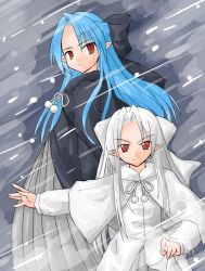 Rule 34 | 00s, 2girls, blizzard, blue hair, half updo, len (tsukihime), long hair, multiple girls, outstretched arm, pointy ears, pom pom (clothes), red eyes, shirasagi rokuwa, skirt, smile, snow, snowing, tsukihime, white hair, white len (tsukihime)