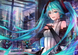 Rule 34 | 1girl, aqua eyes, aqua hair, bare shoulders, commentary, detached sleeves, english commentary, floating hair, flower, hair between eyes, hands on own chest, hatsune miku, headset, indoors, long hair, looking at viewer, neonbeat, open mouth, ribbed shirt, shirt, sleeveless, sleeveless shirt, smile, solo, twintails, very long hair, vocaloid, window