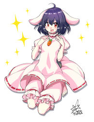 Rule 34 | 1girl, ahoge, animal ears, black hair, breasts, carrot necklace, dress, feet out of frame, fingernails, frilled dress, frills, hands up, highres, inaba tewi, looking at viewer, necklace, open mouth, pink dress, puffy short sleeves, puffy sleeves, rabbit ears, rabbit girl, rabbit tail, seiza, short sleeves, signature, sitting, small breasts, solo, sparkle, tail, toenails, touhou, umigarasu (kitsune1963), white background
