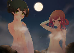 Rule 34 | 2girls, :o, absurdres, blush, breasts, collarbone, convenient censoring, covering privates, eyebrows, folded ponytail, full moon, green eyes, green hair, hair rings, highres, kaito hikaruto, kotonoha akane, looking at viewer, looking back, moon, multicolored hair, multiple girls, night, night sky, nude cover, onsen, orange hair, outdoors, red eyes, red hair, rock, short hair, sideboob, sidelocks, sky, small breasts, smile, star (sky), starry sky, steam, steam censor, sweatdrop, tareme, touhoku zunko, two-tone hair, vocaloid, voiceroid, water, water drop, wet