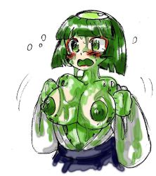 Rule 34 | artist request, blush, breast expansion, breasts, green theme, japanese clothes, kappa, large breasts, miko, slime, tagme, transformation