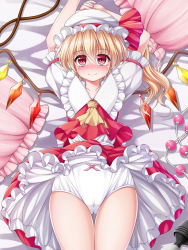 Rule 34 | 1girl, arms up, blonde hair, blush, bow, bow panties, clothes lift, collarbone, dress, dress lift, female focus, flandre scarlet, from above, gluteal fold, hair between eyes, hat, hitachi magic wand, long hair, lying, mob cap, on back, panties, pillow, puffy sleeves, red dress, red eyes, sagano mito, sex toy, solo, tears, thigh gap, touhou, underwear, vibrator, white panties, wings