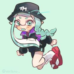 Rule 34 | 1girl, absurdres, aqua background, aqua eyes, aqua hair, black hat, black shirt, black shorts, commentary, full body, hat, highres, inkling, inkling girl, inkling player character, long hair, nintendo, open mouth, payayo884, pointy ears, red footwear, sandals, shirt, short shorts, shorts, simple background, socks, solo, splatoon (series), splatoon 3, symbol-only commentary, teeth, tentacle hair, white socks