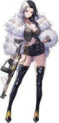 Rule 34 | 1girl, artist request, black gloves, black hair, black shorts, black thighhighs, breasts, cleavage, commentary request, copyright name, earrings, forehead, full body, fur sleeves, gloves, goddess of victory: nikke, grin, gun, half gloves, high heels, highres, holding, holding gun, holding weapon, jewelry, large breasts, multicolored hair, official art, on one knee, pink eyes, rosanna (nikke), shiny clothes, shiny skin, shorts, smile, solo, tattoo, thighhighs, two-tone hair, v-shaped eyebrows, weapon, white hair, zoom layer