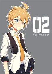 Rule 34 | :/, ahoge, black jacket, blonde hair, blue eyes, blue moon (module), character name, jacket, kagamine len, kodoku no hate (vocaloid), looking at viewer, necktie, project diva, project diva (series), serious, shirt, short ponytail, sleeveless blazer, solo, star-shaped pupils, star (symbol), symbol-shaped pupils, vocaloid, white shirt, yellow necktie, zimoow