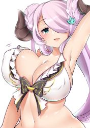 Rule 34 | 10s, 1girl, arm behind head, arm up, armpits, bikini, blue eyes, blush, bouncing breasts, braid, breasts, buta tamako, cleavage, cow girl, cow horns, female focus, granblue fantasy, hair ornament, hair over one eye, hairclip, highres, horns, large breasts, light purple hair, long hair, looking at viewer, narmaya (granblue fantasy), navel, open mouth, pointy ears, simple background, smile, solo, standing, swimsuit, unaligned breasts, upper body, white background, white bikini