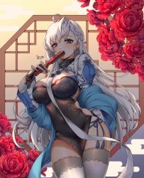 Rule 34 | 1girl, absurdres, alternate costume, azur lane, bad id, bad twitter id, belfast (azur lane), belfast (iridescent rosa) (azur lane), belfast (iridescent rosa) (azur lane), between breasts, braid, breasts, broken, broken chain, chain, china dress, chinese clothes, cleavage, collar, dress, earrings, fan over face, folded fan, folding fan, hand fan, heart, heart earrings, highres, holding, holding fan, jewelry, large breasts, long hair, panties, purple eyes, side-tie panties, silver hair, skindentation, solo, tacco (tikeworld), thighhighs, thighs, underwear, white thighhighs