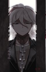Rule 34 | 1boy, absurdres, black jacket, blue-bell, chain, collar, commentary request, danganronpa (series), danganronpa another episode: ultra despair girls, frown, grey eyes, grey hair, hair between eyes, highres, jacket, komaeda nagito, looking at viewer, male focus, metal collar, official alternate costume, servant (danganronpa), shirt, solo, striped clothes, striped shirt, upper body