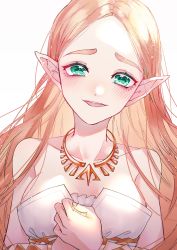Rule 34 | 1girl, blonde hair, blush, bracelet, breasts, commentary request, dress, gold necklace, green eyes, highres, jewelry, long hair, looking at viewer, medium breasts, necklace, nintendo, open mouth, own hands together, parted bangs, pointy ears, princess zelda, shiroraba, simple background, smile, solo, strapless, strapless dress, the legend of zelda, the legend of zelda: breath of the wild, upper body, white background