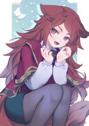Rule 34 | 1girl, :d, animal ears, brown hair, capelet, commission, crescent moon, eyebrows hidden by hair, fang, feet out of frame, garan co, gold trim, hands up, highres, knees together feet apart, long hair, long sleeves, looking at viewer, moon, open mouth, original, pantyhose, puffy long sleeves, puffy sleeves, purple eyes, red capelet, red hair, simple background, skeb commission, skin fang, smile, solo, squatting, star (symbol), swept bangs, tail, very long hair, wolf ears, wolf tail
