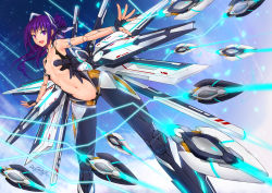 Rule 34 | 1girl, breasts, cloud, def (chronowarld), fingerless gloves, flying, gloves, joints, long hair, mecha musume, navel, original, outstretched arms, ponytail, purple eyes, purple hair, robot joints, sky, small breasts, smile, solo, spread arms, star (sky), starry sky