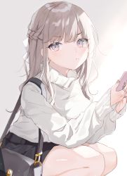 Rule 34 | :t, bag, black skirt, blunt bangs, blush, braid, brown hair, cellphone, commentary request, gradient background, grey background, handbag, highres, holding, holding phone, jewelry, long hair, long sleeves, looking at viewer, miniskirt, mokyuko, original, phone, pout, purple eyes, ring, shoulder bag, sidelocks, skirt, smartphone, squatting, sweater, v-shaped eyebrows, white sweater