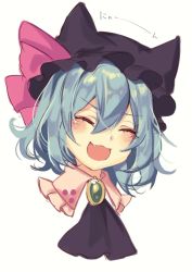 Rule 34 | 1girl, :3, :d, animal ears, animal hat, ascot, black ascot, black hat, blue hair, blush, bow, brooch, cat ears, cat girl, closed eyes, commentary request, cropped neck, curly hair, dot nose, dress, eyelashes, facing viewer, fake animal ears, fang, frilled hat, frilled shirt collar, frills, hair between eyes, happy, hat, hat bow, head tilt, highres, jewelry, kemonomimi mode, kyouda suzuka, light blue hair, mob cap, open mouth, parted bangs, pink bow, pink dress, portrait, remilia scarlet, short hair, simple background, sketch, smile, solo, touhou, translation request, v-shaped eyebrows, white background, wing collar