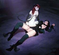 Rule 34 | 1futa, 1girl, ass, black footwear, black hair, black skirt, boots, closed eyes, commentary, cowgirl position, demon girl, detached sleeves, digitigrade, english commentary, erin (tarakanovich), femdom, full body, futa with female, futanari, girl on top, green hair, green thighhighs, highres, hooves, horns, long hair, looking back, lying, monster girl, multicolored hair, nude, on back, on floor, open mouth, original, pale skin, penis, power bottom, red hair, restrained, sex, short hair, skirt, squatting cowgirl position, straddling, tail, tarakanovich, testicles, thighhighs, thighhighs under boots, two-tone hair, uncensored