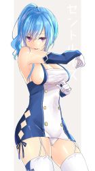 Rule 34 | 1girl, azur lane, bare shoulders, blue hair, breasts, character name, cleavage, covered navel, garter straps, groin tendon, highres, kuune rin, large breasts, long hair, looking at viewer, panties, purple eyes, sideboob, simple background, skindentation, solo, st. louis (azur lane), sweat, thighhighs, tongue, tongue out, underwear, white background
