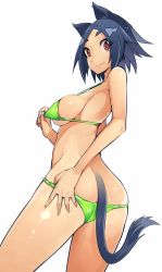 Rule 34 | 1girl, animal ears, aruko (nac000), ass, bikini, bikini pull, breasts, cat ears, cat tail, clothes pull, from behind, green bikini, highres, looking back, nac000, original, parted bangs, red eyes, short hair, sideboob, simple background, smile, solo, strap gap, swimsuit, tail, white background