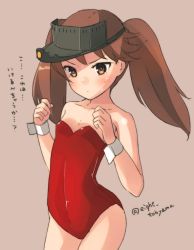 Rule 34 | 10s, 1girl, alternate costume, bare legs, bare shoulders, blush, brown background, brown eyes, brown hair, clenched hands, collarbone, covered navel, determined, eight tohyama, flat chest, frown, hat, highres, jpeg artifacts, kantai collection, leotard, long hair, md5 mismatch, personification, resized, resolution mismatch, ryuujou (kancolle), sleeveless, solo, source larger, sweatdrop, translation request, twintails, twitter username, visor cap, wrist cuffs