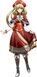 Rule 34 | 1girl, blonde hair, boots, capelet, closed mouth, floating hair, frilled capelet, frills, full body, green eyes, hair between eyes, hat, highres, knee boots, langrisser, langrisser iv, layered skirt, long hair, long skirt, long sleeves, looking at viewer, official art, rachel (langrisser), red capelet, red hat, red skirt, skirt, skirt hold, smile, solo, standing, swept bangs, transparent background, white footwear, white sleeves