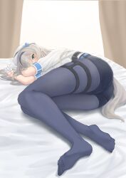 Rule 34 | 1girl, absurdres, ass, belt, blonde hair, blue belt, blue hairband, blue pantyhose, blue shorts, gloves, gradient hair, green eyes, grey hair, hairband, half gloves, hat, highres, long hair, looking at viewer, lying, multicolored hair, nijisanji, on bed, on side, oota tomoki, pantyhose, pantyhose under shorts, police hat, shioriha ruri, shirt, short sleeves, shorts, skindentation, solo, thigh strap, virtual youtuber, white gloves, white headwear, white shirt