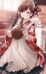 Rule 34 | 1girl, alternate costume, apron, blurry, blurry background, brown hair, closed mouth, enmaided, highres, higuchi madoka, idolmaster, idolmaster shiny colors, japanese clothes, looking at viewer, maid, maid apron, maid headdress, migolu, mole, mole under eye, red eyes, short hair, short ponytail, solo, standing, wa maid