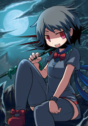 Rule 34 | 1girl, asymmetrical wings, bad id, bad pixiv id, black hair, bow, bowtie, bracelet, cloud, female focus, full moon, hakika, houjuu nue, jewelry, moon, open mouth, polearm, red eyes, rock, shaded face, short hair, skirt, snake, solo, teeth, thighhighs, touhou, trident, weapon, wings