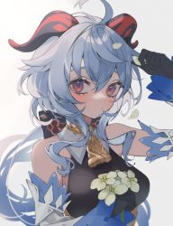 Rule 34 | ahoge, bare shoulders, bell, black gloves, blue hair, blush, bow, breasts, curled horns, detached sleeves, flower, ganyu (genshin impact), genshin impact, gloves, highres, horns, long hair, looking at viewer, low ponytail, medium breasts, mei (maple 152), multicolored eyes, neck bell, petals, qingxin flower, sidelocks, solo, upper body, white background, white flower, white sleeves