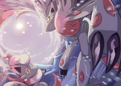 Rule 34 | claws, closed mouth, commentary request, creatures (company), evolutionary line, game freak, grey fur, highres, hisuian zoroark, hisuian zorua, looking back, macham jaeger, nintendo, no humans, outdoors, pokemon, pokemon (creature), snowing, yellow eyes