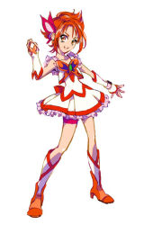Rule 34 | 00s, 1girl, boots, cure rouge, frilled skirt, frills, full body, gloves, hair ornament, high heels, knee boots, looking at viewer, magical girl, miniskirt, natsuki rin, open mouth, orange eyes, orange hair, penki, precure, red shorts, short hair, shorts, skirt, solo, white background, yes! precure 5