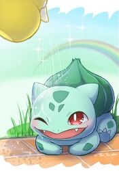 Rule 34 | absurdres, blush, bulbasaur, creatures (company), fangs, game freak, gen 1 pokemon, grass, highres, holding, holding watering can, nintendo, on ground, one eye closed, open mouth, outdoors, pokemon, pokemon (creature), rainbow, red eyes, smile, sparkle, sprayduck, tkc (user snjd8547), twitter username, watering can, wet