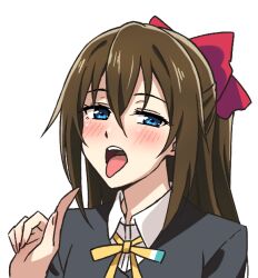 Rule 34 | 1girl, black jacket, blue eyes, blush, bow, brown hair, collared shirt, commentary request, hair between eyes, hair bow, half updo, jacket, looking at viewer, love live!, love live! nijigasaki high school idol club, neck ribbon, nijigasaki academy school uniform, open mouth, osaka shizuku, pointing, pointing at self, red bow, ribbon, school uniform, shirt, sidelocks, solo, teeth, tongue, tongue out, turkey min, upper body, upper teeth only, white background, white shirt, winter uniform, yellow ribbon