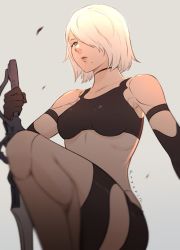 Rule 34 | 1girl, android, armlet, black gloves, black shorts, black tank top, breasts, commentary, elbow gloves, english commentary, gloves, hair over one eye, highres, holding, holding sword, holding weapon, joints, koyorin, medium breasts, midriff, mole, mole under mouth, nier (series), nier:automata, parted lips, pink lips, robot joints, short hair, short shorts, shorts, silver hair, simple background, solo, sword, tank top, weapon, a2 (nier:automata)