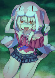 Rule 34 | 1girl, @ @, animal ears, bare legs, barefoot, blush, collarbone, commentary request, denim, fake animal ears, fate/grand order, fate (series), from above, grass, hands up, highres, hood, illyasviel von einzbern, illyasviel von einzbern (swimsuit archer), illyasviel von einzbern (swimsuit archer) (first ascension), long hair, looking at viewer, midriff, nakajima kotoko, open mouth, outdoors, paw shoes, rabbit ears, seiza, shoes, unworn shoes, shorts, sitting, smile, solo, star (symbol), swimsuit, tears, twintails, yellow eyes, yin yang pin