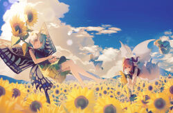 Rule 34 | 4girls, barefoot, blonde hair, blue dress, blue hair, blue skirt, blue sky, butterfly wings, closed mouth, cloud, commentary request, dress, eternity larva, fairy, fairy wings, field, flower, flower field, green skirt, highres, holding, holding flower, insect wings, looking at viewer, medium hair, multiple girls, oito (bowstringsmall), open mouth, outdoors, red hair, skirt, sky, sleeveless, sleeveless dress, sunflower fairy (touhou), touhou, two side up, wings, yellow flower