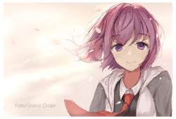 Rule 34 | 1girl, black shirt, closed mouth, copyright name, fate/grand order, fate (series), grey sleeves, hair between eyes, highres, jacket, looking at viewer, mash kyrielight, necktie, pink background, purple eyes, purple hair, red necktie, shirt, short hair, smile, solo, upper body, xiaozuo cang
