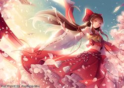 Rule 34 | 1girl, between fingers, bow, brown hair, cherry blossoms, detached sleeves, hair bow, hair tubes, hakurei reimu, holding, long hair, long sleeves, looking at viewer, midriff, navel, nontraditional miko, petals, red eyes, shirt, skirt, skirt set, sky, solo, spell card, sunset, tidsean, torii, touhou, tree, very long hair, wide sleeves