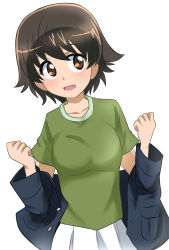 Rule 34 | 1girl, blue jacket, brown eyes, brown hair, commentary request, girls und panzer, green shirt, highres, jacket, long sleeves, looking to the side, military, military uniform, nakajima (girls und panzer), off shoulder, ooarai military uniform, open clothes, open jacket, open mouth, pleated skirt, shirt, short hair, short sleeves, simple background, skirt, smile, solo, standing, uniform, wakku kan, white background, white skirt