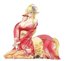 Rule 34 | 1girl, alternate hairstyle, animal ears, bare shoulders, blue eyes, blush, breasts, centaur, centorea shianus, cleavage, closed mouth, collarbone, floral print, flower, full body, hair flower, hair ornament, holding, horse ears, horseshoe, japanese clothes, kimono, large breasts, looking at viewer, monster girl, monster musume no iru nichijou, obi, official art, okayado, ponytail, print kimono, red kimono, sash, simple background, sitting, smile, solo, taur, tokkuri, white background, wide sleeves