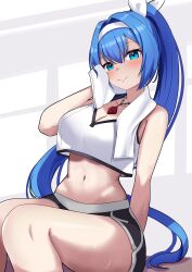 Rule 34 | 1girl, absurdres, alyssa (specktech), black shorts, blue eyes, blue hair, blush, closed mouth, crop top, hairband, highres, long hair, looking at viewer, midriff, navel, nise no tsubo, original, ponytail, second-party source, shorts, simple background, sitting, smile, solo, sports bra, sweat, towel, towel around neck, white background, white hairband, white sports bra