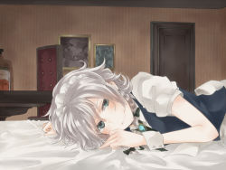 Rule 34 | 1girl, alcohol, bed, bed sheet, blue eyes, blush, bottle, bow, braid, brooch, chair, chikasatani, daina (encore62), female focus, glass, hair bow, indoors, izayoi sakuya, jewelry, looking at viewer, lying, maid, maid headdress, on stomach, short hair, silver hair, smile, solo, table, touhou, twin braids, whiskey, wrist cuffs