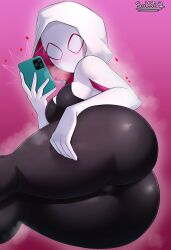 Rule 34 | 1girl, absurdres, artist name, ass, blush visible through clothes, bodysuit, breasts, cellphone, hammerofsolace, hand on own ass, heart, highres, holding, holding phone, hood, hooded bodysuit, large breasts, looking at viewer, lying, marvel, on side, phone, pink background, screentones, selfie, signature, simple background, skin tight, smartphone, spider-gwen, spider-man: into the spider-verse, spider-man (series), spider-verse, spider web print, superhero costume