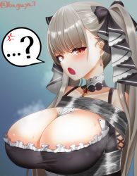 Rule 34 | ...?, 1girl, ?, anger vein, areola slip, azur lane, bare shoulders, bdsm, between breasts, blush, bondage, bound, breasts, cleavage, clothing cutout, detached collar, eyebrows hidden by hair, formidable (azur lane), grey hair, huge breasts, kaguya-san (nantyu-erosada), long hair, looking at viewer, necktie, necktie between breasts, open mouth, red eyes, shibari, shoulder cutout, signature, solo, spoken anger vein, spoken question mark, steaming body, sweat, tape, twintails, two-tone dress, very long hair