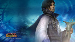 Rule 34 | 1boy, 3d, copyright name, english text, gradient background, highres, koei, logo, male focus, non-web source, official art, official wallpaper, shin sangoku musou, solo, translated, wallpaper