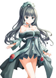 Rule 34 | 1girl, absurdres, breasts, bronzong, choker, cleavage, collarbone, creatures (company), dress, fast owl, game freak, gen 4 pokemon, grey dress, grey hair, highres, nintendo, personification, pokemon, simple background, standing, white background, white choker