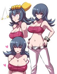 Rule 34 | &gt;:(, 1girl, :d, angry, armpits, bare shoulders, belt, bikini, bikini top only, black hair, blush, bracelet, brainwash, breast expansion, breasts, cleavage, coin, collarbone, commentary request, corruption, covered erect nipples, creatures (company), flipped hair, frown, game freak, gen 1 pokemon, grey hair, groin, gym leader, hands on own hips, heart, heart-shaped pupils, highres, holed coin, hypno, hypnosis, jewelry, konno tohiro, large breasts, long hair, looking at viewer, lowleg, lowleg pants, mind control, multiple views, naughty face, navel, nintendo, npc trainer, open mouth, pants, pendulum, pokemon, pokemon (creature), pokemon hgss, red eyes, sabrina (pokemon), saliva, smile, solo focus, stomach, strap slip, sweat, swimsuit, symbol-shaped pupils, v-shaped eyebrows, white background
