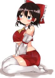 Rule 34 | 1girl, ascot, between legs, black hair, blue eyes, blush, bow, breasts, closed mouth, crop top, detached sleeves, from side, full body, golgi hon, hair between eyes, hair bow, hair tubes, hakurei reimu, hand between legs, highres, large breasts, looking to the side, midriff, miniskirt, no shoes, red bow, seiza, short hair, sidelocks, simple background, sitting, skirt, solo, thighhighs, touhou, underboob, white background, white thighhighs, zettai ryouiki