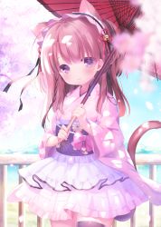 Rule 34 | 1girl, animal ear fluff, animal ears, bell, black hairband, black thighhighs, blurry, blurry foreground, blush, braid, branch, brown hair, cat ears, cat girl, cat tail, closed mouth, commentary request, depth of field, flower, frilled hairband, frills, hair bell, hair bun, hair ornament, hairband, holding, holding umbrella, japanese clothes, jingle bell, kimono, layered skirt, long hair, long sleeves, looking at viewer, obi, oil-paper umbrella, original, pink flower, pink kimono, piyodera mucha, pleated skirt, purple eyes, railing, red umbrella, sash, single hair bun, skirt, smile, solo, standing, tail, thighhighs, umbrella, white skirt, wide sleeves