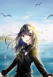 Rule 34 | ascot, bird, black ascot, black dress, black hair, blue sky, blunt bangs, blush, bow, commentary request, day, dress, flower, gem, grey eyes, hair bow, hair flower, hair ornament, hairclip, heterochromia, highres, jewelry, kazuharu kina, lipstick, long hair, long sleeves, looking at viewer, makeup, mountainous horizon, necklace, ocean, original, outdoors, pearl necklace, pink lips, rose, round teeth, signature, sky, solo, straight hair, teeth, upper body, water, white bow, white flower, white rose, yellow eyes