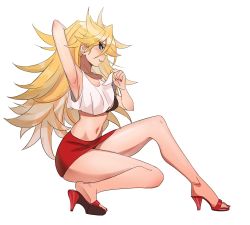 Rule 34 | 1girl, absurdres, armpits, bare arms, bare legs, black bra, blonde hair, blue eyes, bra, breasts, collarbone, commentary, curled fingers, english commentary, full body, high heels, highres, kiritzugu, looking at viewer, nail polish, navel, panty &amp; stocking with garterbelt, panty (psg), red footwear, red nails, red skirt, shirt, simple background, skirt, sleeveless, sleeveless shirt, solo, squatting, tank top, underwear, white background, white shirt