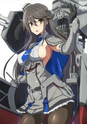 Rule 34 | 1girl, black gloves, black hair, black pantyhose, blue necktie, blush, breasts, brown eyes, capelet, colorado (kancolle), colorado (kancolle) (cosplay), comala (komma la), cosplay, cowboy shot, dress, elbow gloves, from below, garrison cap, gloves, grey dress, grey hat, hair between eyes, hair ornament, hairclip, haruna (kancolle), hat, headgear, highres, kantai collection, long hair, looking at viewer, medium breasts, necktie, open mouth, pantyhose, pleated dress, shirt, sideboob, simple background, sleeveless, solo, turret, white background, white shirt